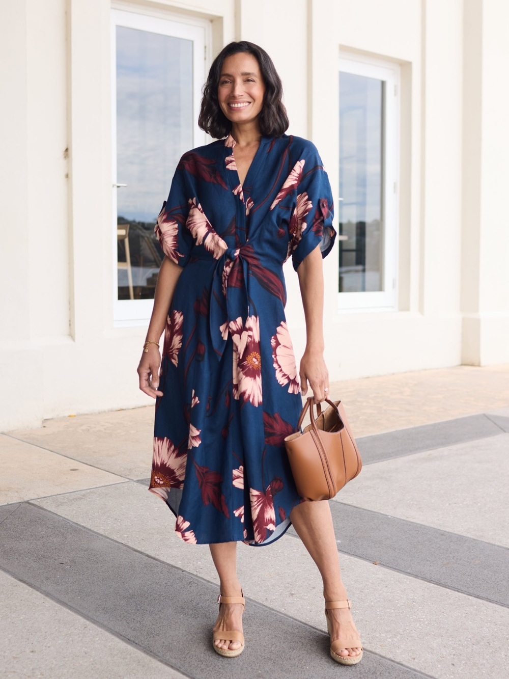 MAYE Anthropologie Floral Tie-Front Midi Dress in Navy and Pink (121)